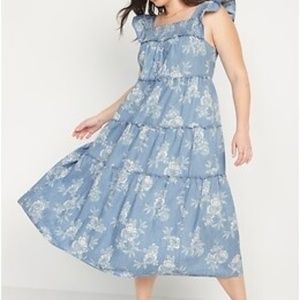 Old Navy 3X Oversized Fits 4X Chambray Denim Rose Floral Ruffle Tier Blue Dress